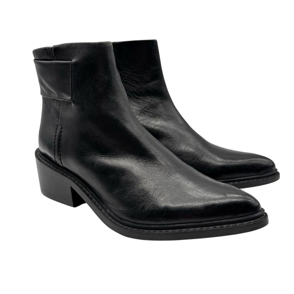 Mango Black Leather Pointed Toe Ankle Boots Size 5.5 Block Heel